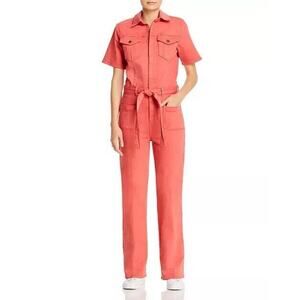 Frame Womens Le Bardot Belted Utility Jumpsuit Stretchy Long Tall Orange Size S